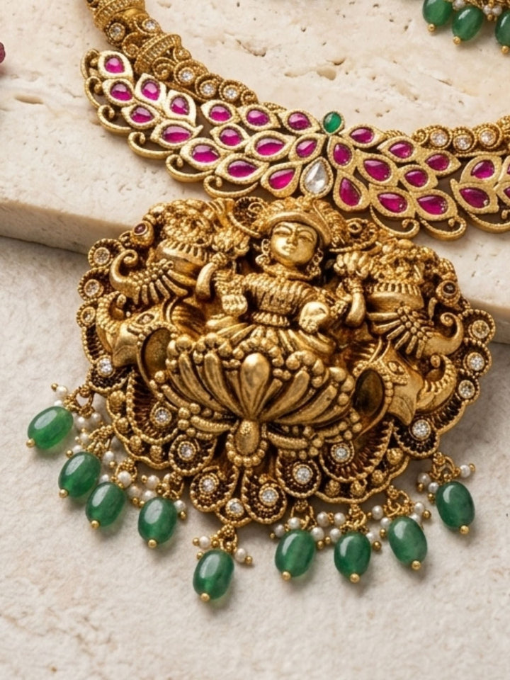 Lakshmi Temple Necklace Set with Antique Gold Finish & Green Drops