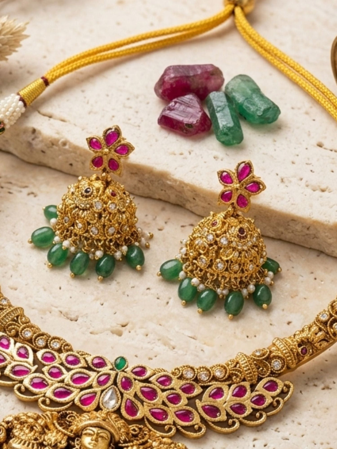 Lakshmi Temple Necklace Set with Antique Gold Finish & Green Drops
