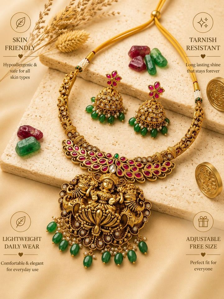 Lakshmi Temple Necklace Set with Antique Gold Finish & Green Drops