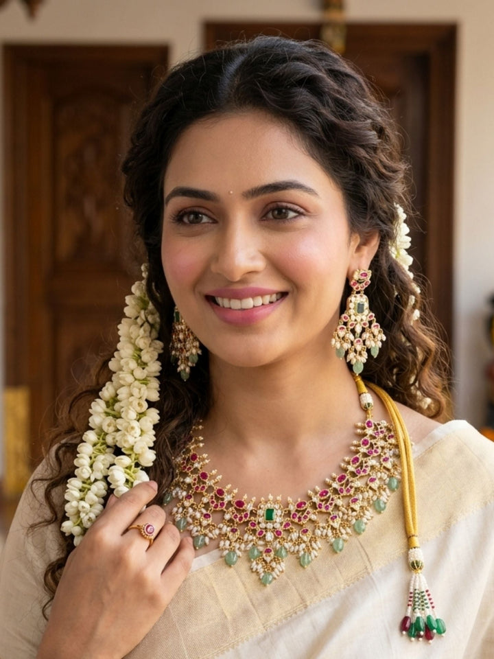 Royal Kundan Choker Set with Emerald Center & Green Drops  | SHOBITAM