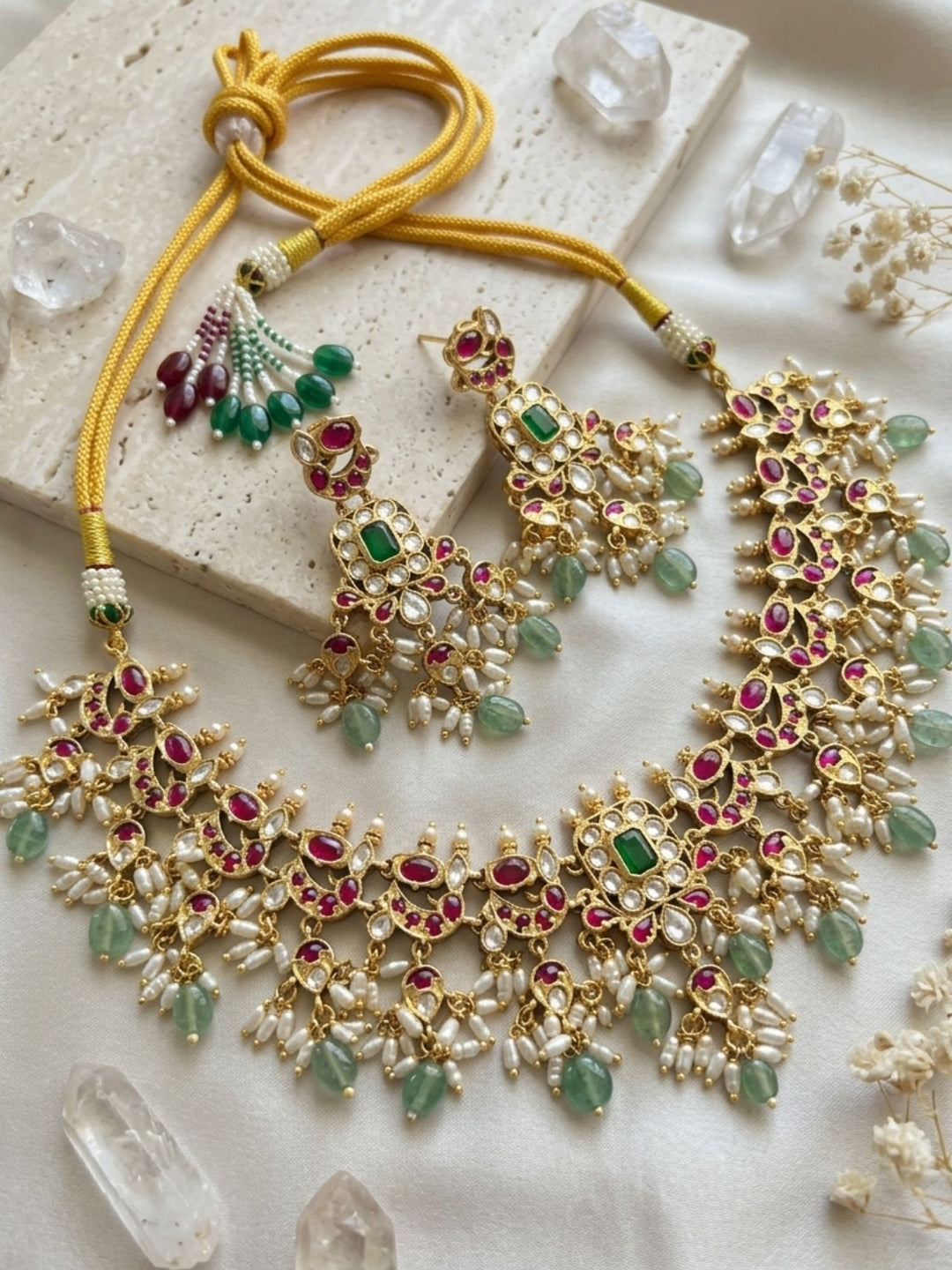 Royal Kundan Choker Set with Emerald Center & Green Drops | SHOBITAM