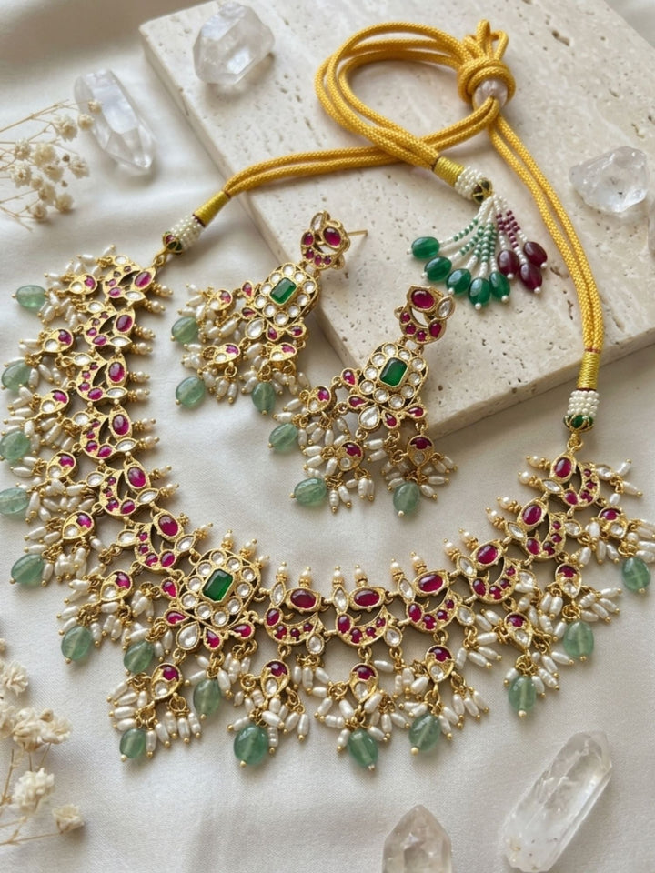 Royal Kundan Choker Set with Emerald Center & Green Drops | SHOBITAM