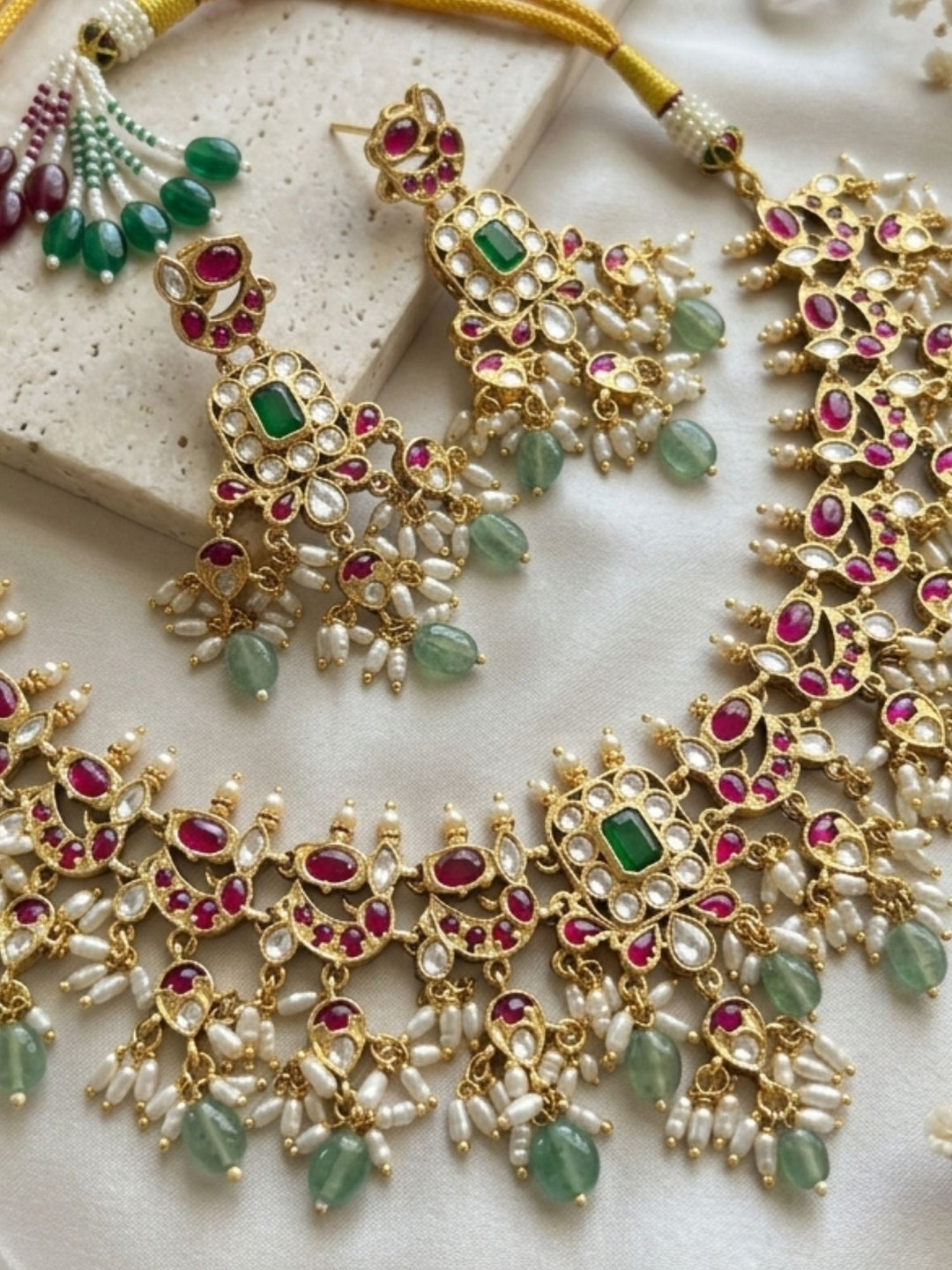 Royal Kundan Choker Set with Emerald Center & Green Drops  | SHOBITAM