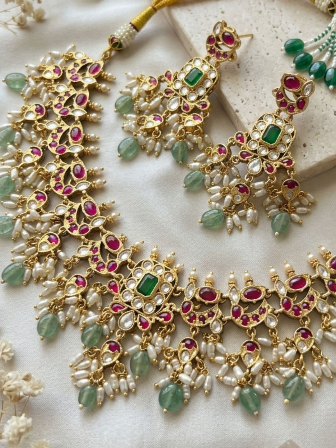Royal Kundan Choker Set with Emerald Center & Green Drops  | SHOBITAM