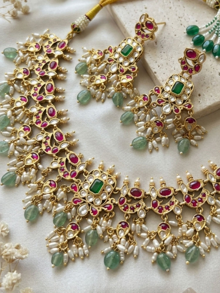 Royal Kundan Choker Set with Emerald Center & Green Drops | SHOBITAM
