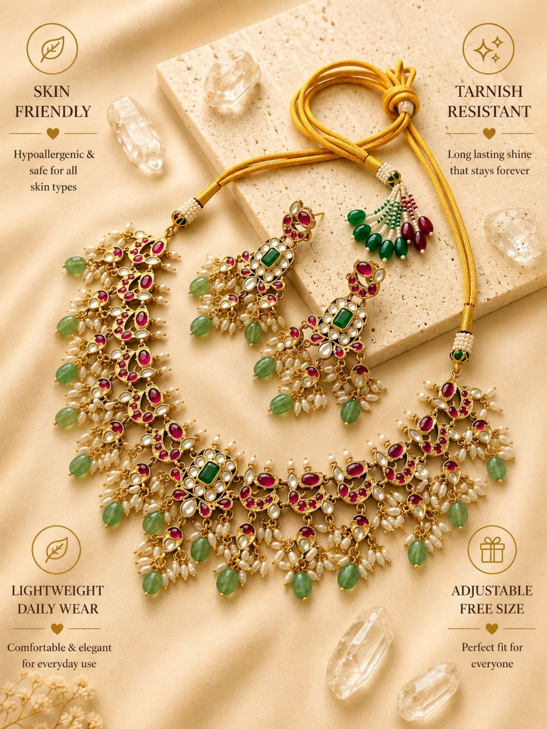 Royal Kundan Choker Set with Emerald Center & Green Drops | SHOBITAM