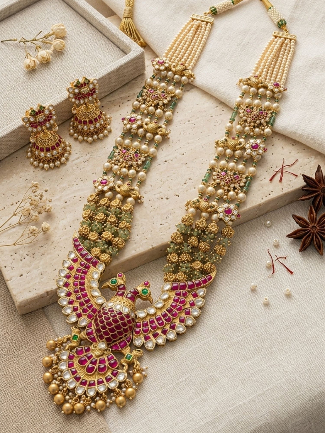 Royal Peacock Kundan Necklace Set with Pearl Layers & Emerald Accents | SHOBITAM
