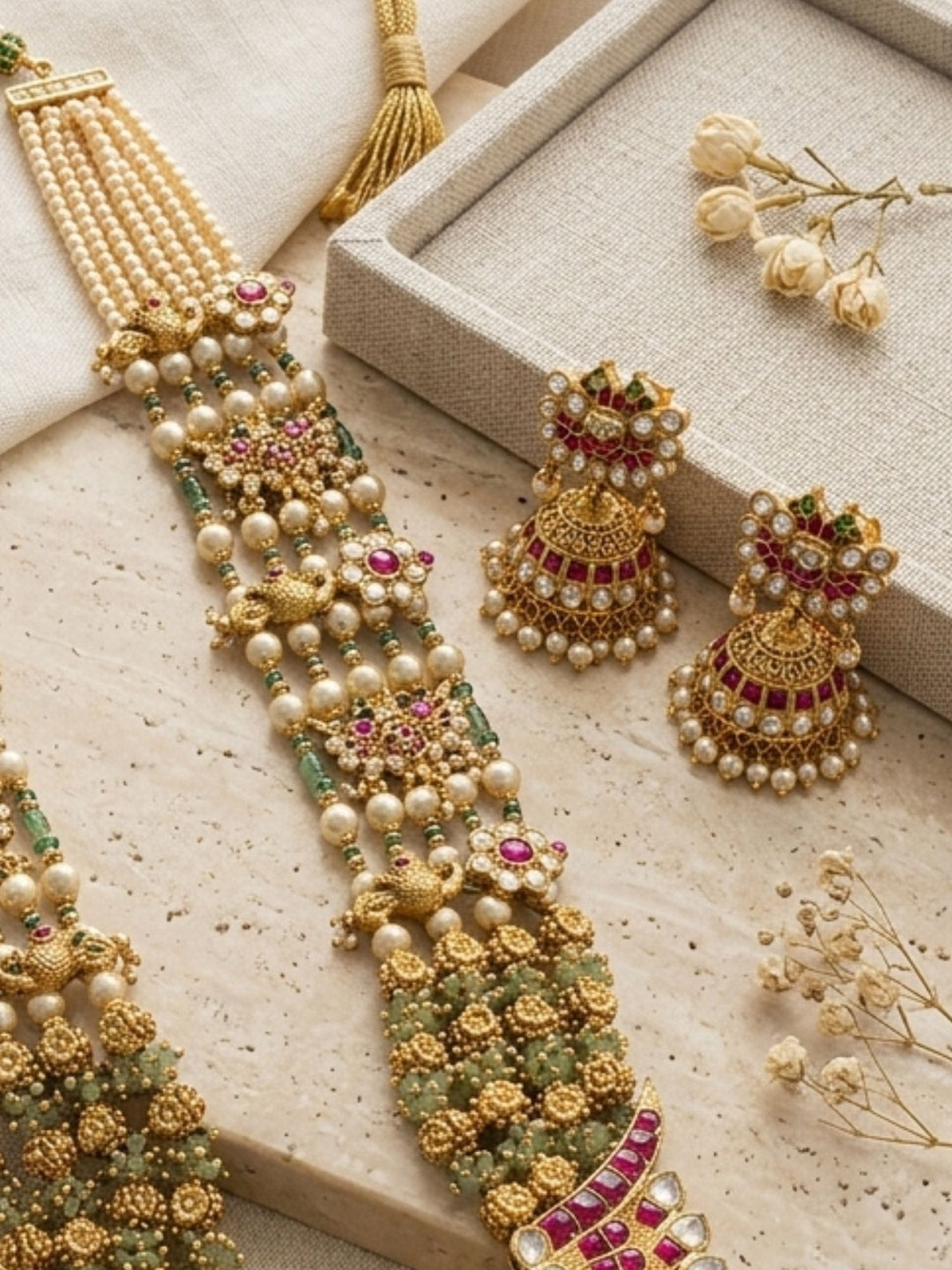 Royal Peacock Kundan Necklace Set with Pearl Layers & Emerald Accents | SHOBITAM