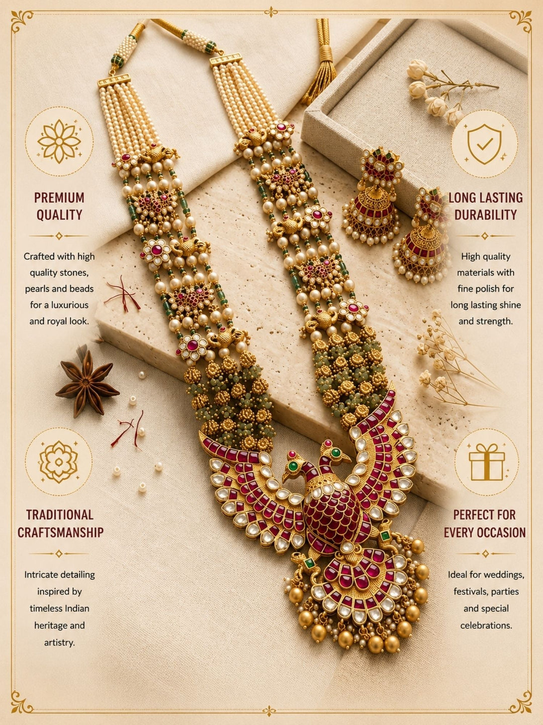 Royal Peacock Kundan Necklace Set with Pearl Layers & Emerald Accents | SHOBITAM