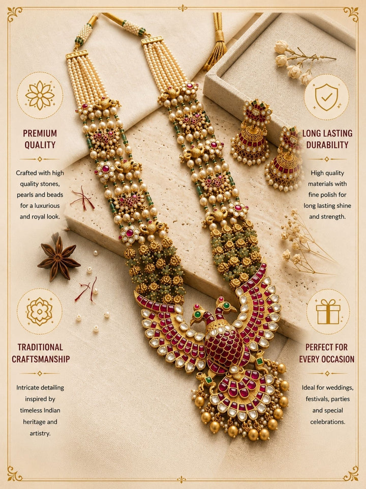 Royal Peacock Kundan Necklace Set with Pearl Layers & Emerald Accents | SHOBITAM