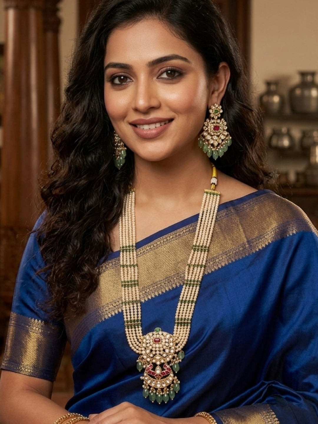 Elegant Pearl & Emerald Kundan Long Necklace Set with Statement Pendant | Shobitam