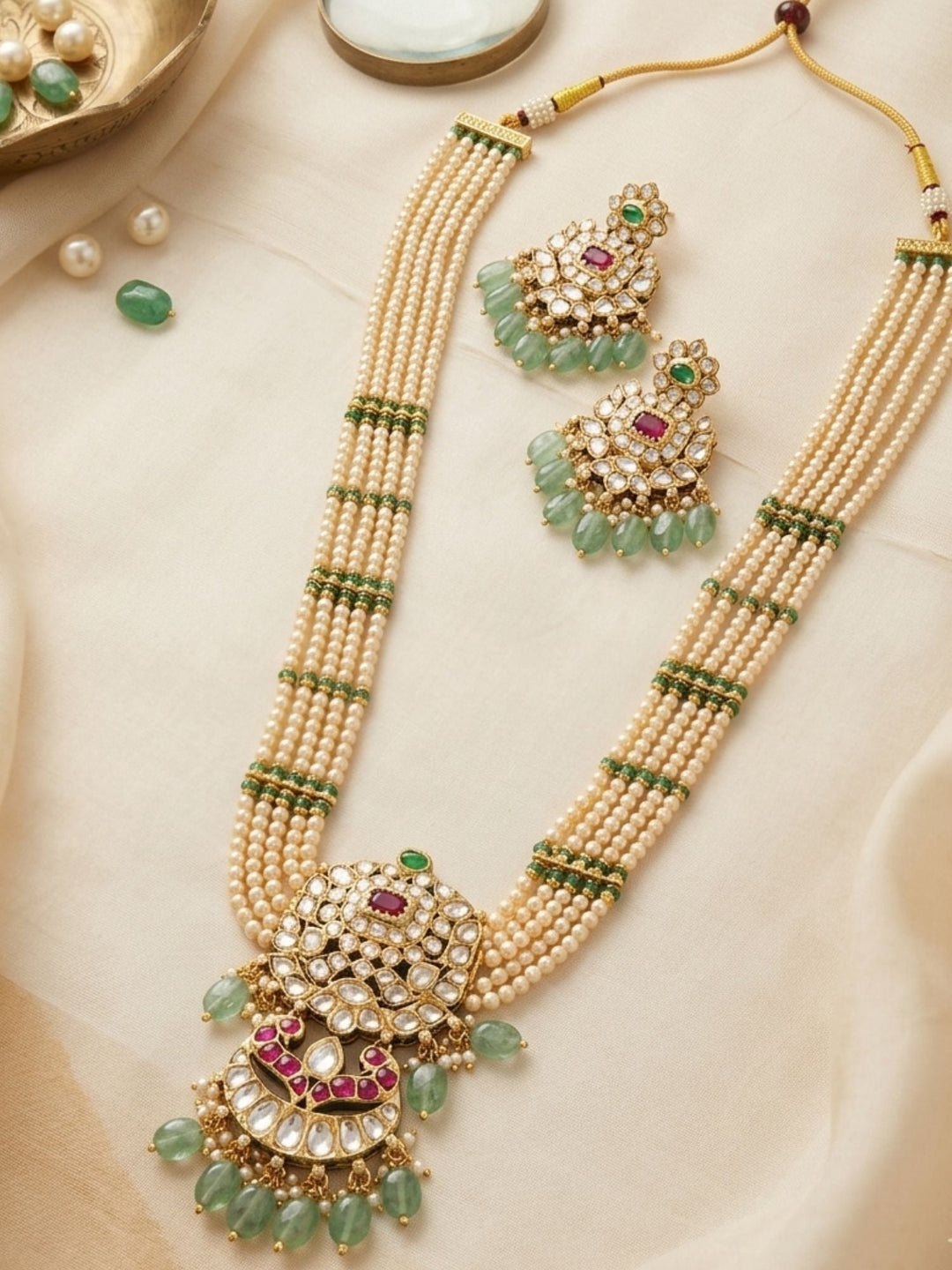 Elegant Pearl & Emerald Kundan Long Necklace Set with Statement Pendant | Shobitam