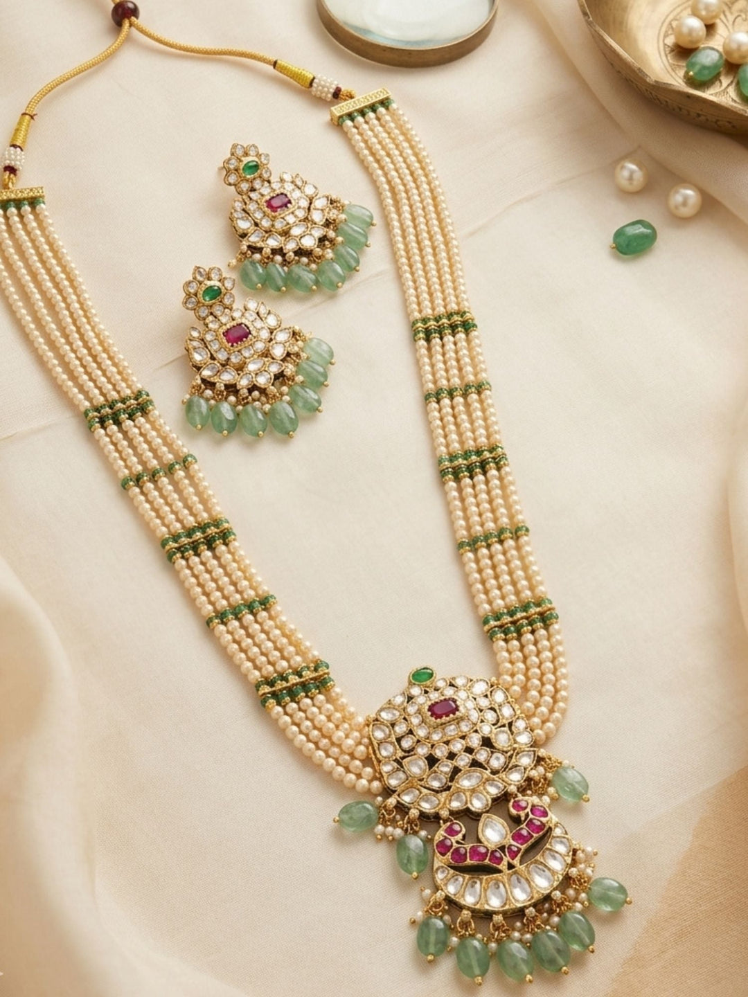 Elegant Pearl & Emerald Kundan Long Necklace Set with Statement Pendant | Shobitam