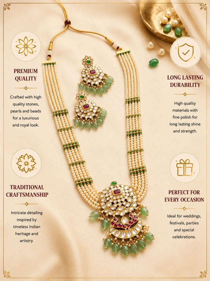 Elegant Pearl & Emerald Kundan Long Necklace Set with Statement Pendant | Shobitam