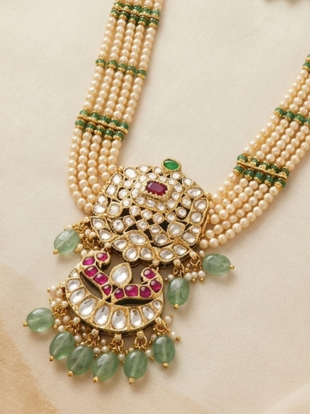 Elegant Pearl & Emerald Kundan Long Necklace Set with Statement Pendant | Shobitam
