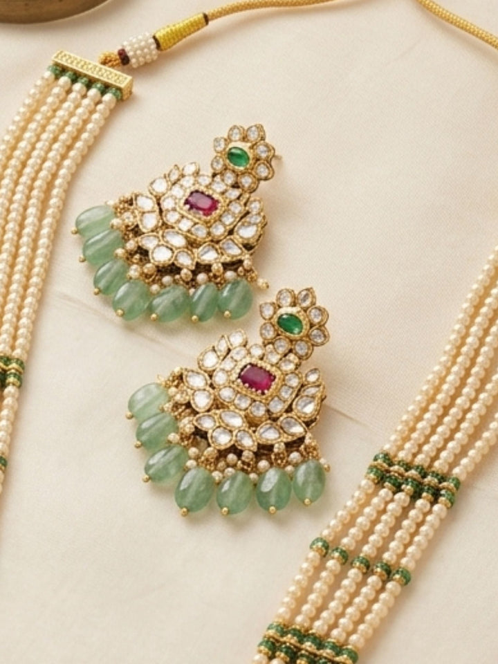 Elegant Pearl & Emerald Kundan Long Necklace Set with Statement Pendant | Shobitam