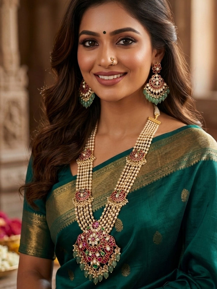 Royal Multi-Layer Pearl Kundan Necklace Set with Pink Stone Pendant | SHOBITAM