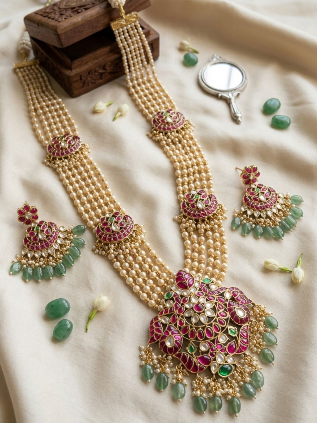Royal Multi-Layer Pearl Kundan Necklace Set with Pink Stone Pendant | SHOBITAM