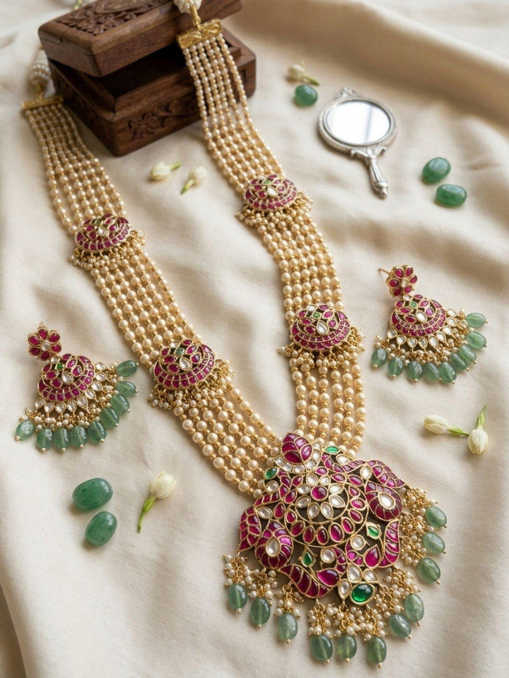 Royal Multi-Layer Pearl Kundan Necklace Set with Pink Stone Pendant | SHOBITAM