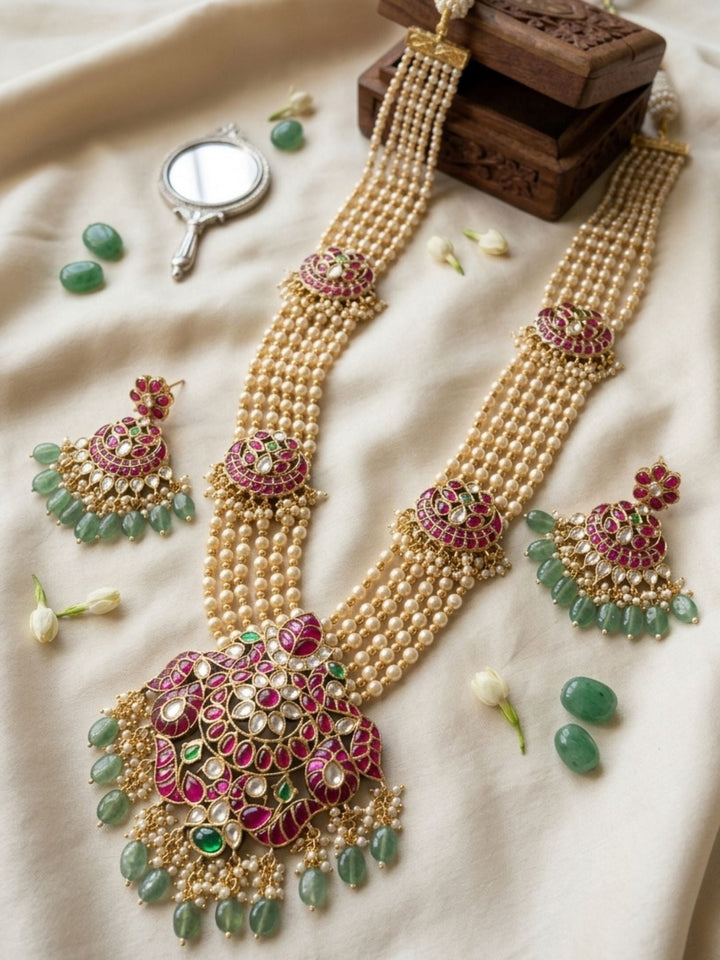 Royal Multi-Layer Pearl Kundan Necklace Set with Pink Stone Pendant | SHOBITAM