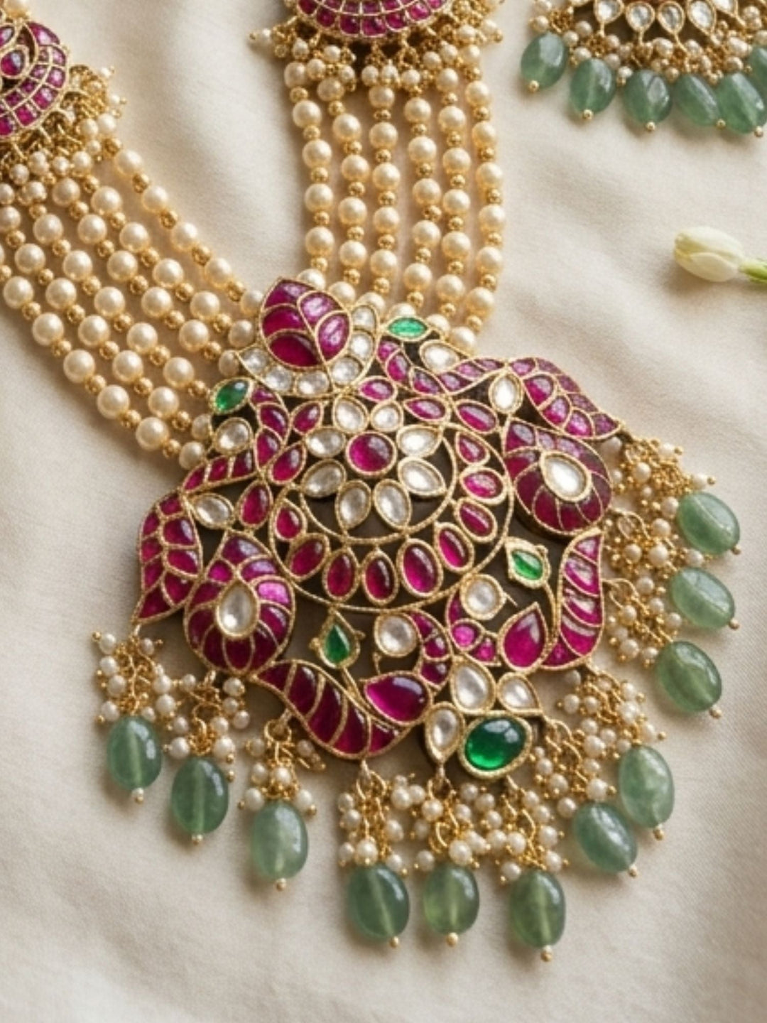 Royal Multi-Layer Pearl Kundan Necklace Set with Pink Stone Pendant | SHOBITAM