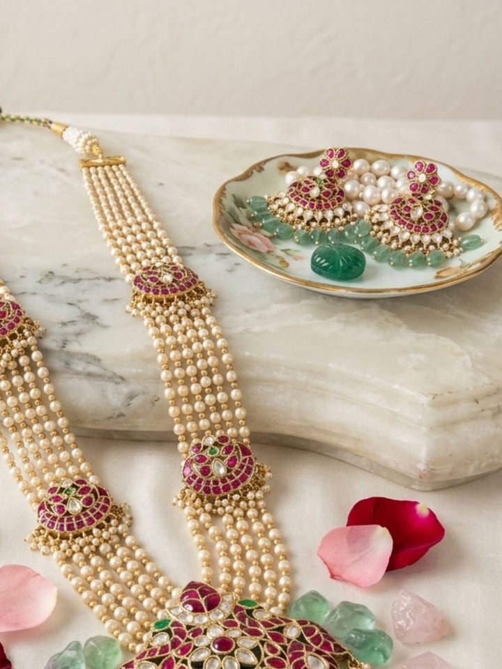 Royal Multi-Layer Pearl Kundan Necklace Set with Pink Stone Pendant | SHOBITAM