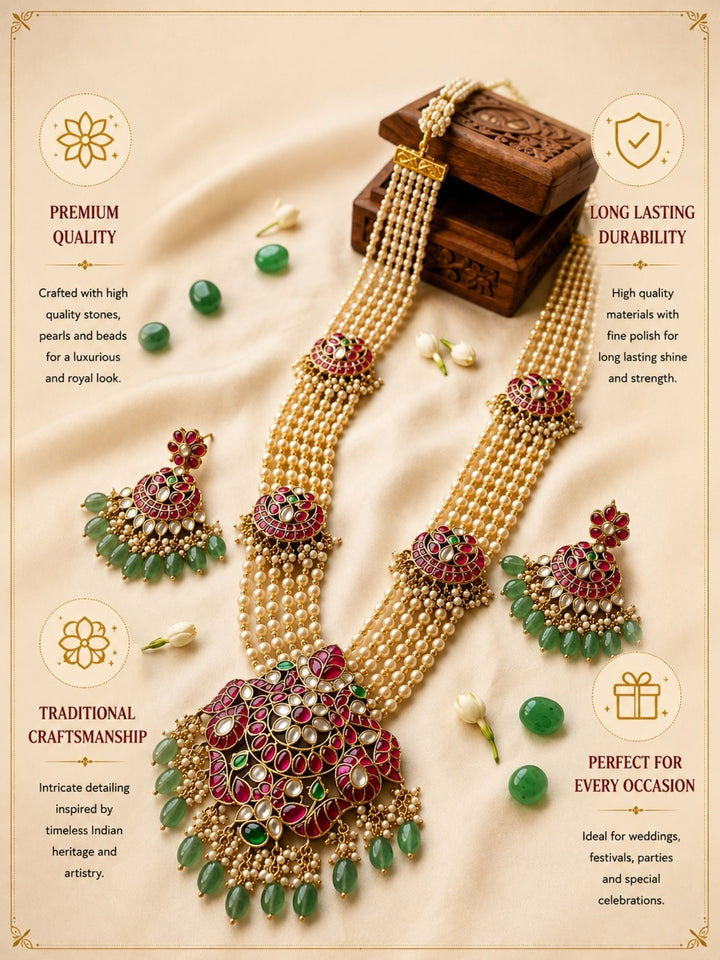 Royal Multi-Layer Pearl Kundan Necklace Set with Pink Stone Pendant | SHOBITAM