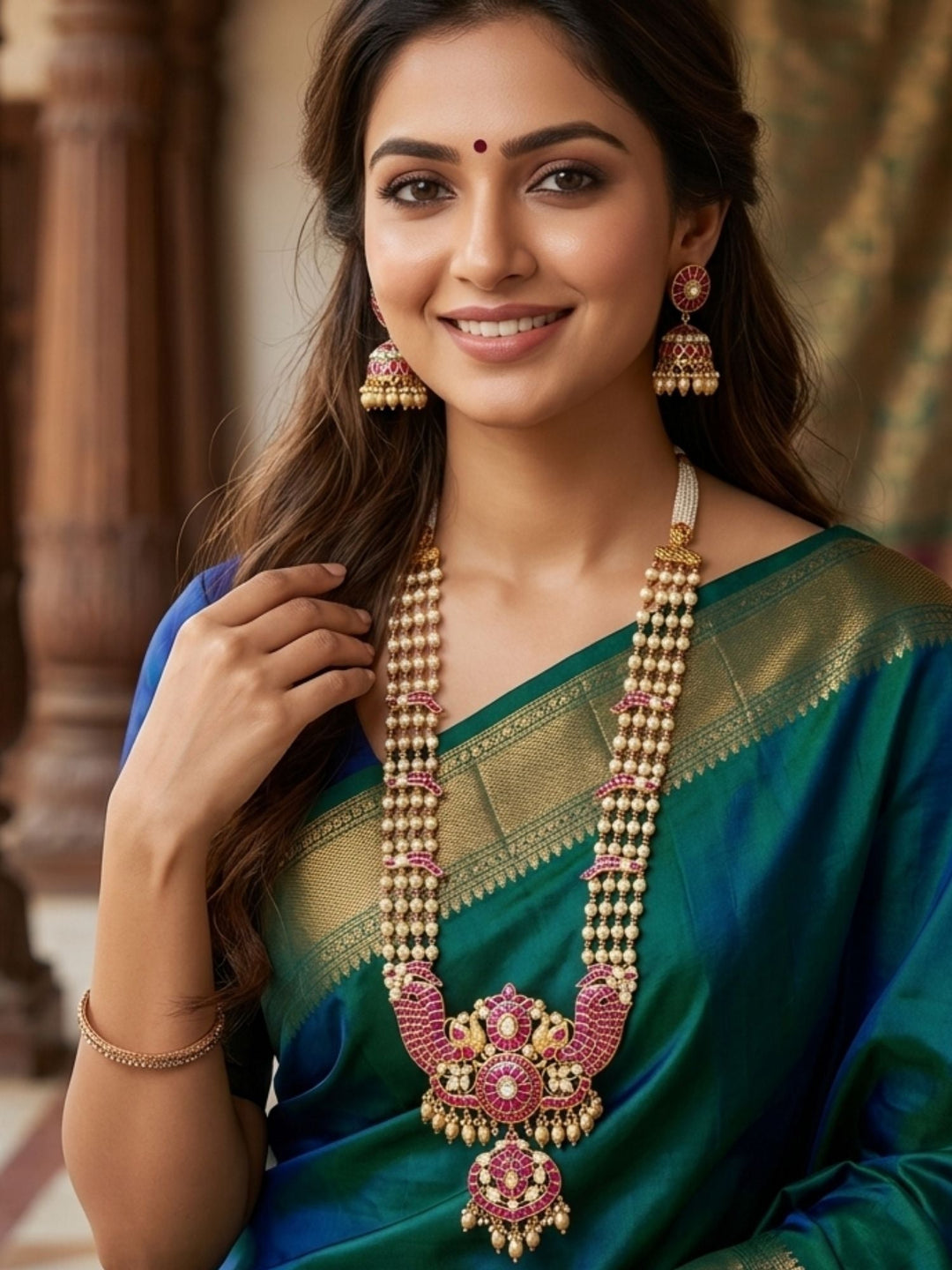 Elegant Pearl & Rani Pink Kundan Long Necklace Set with Statement Pendant | SHOBITAM