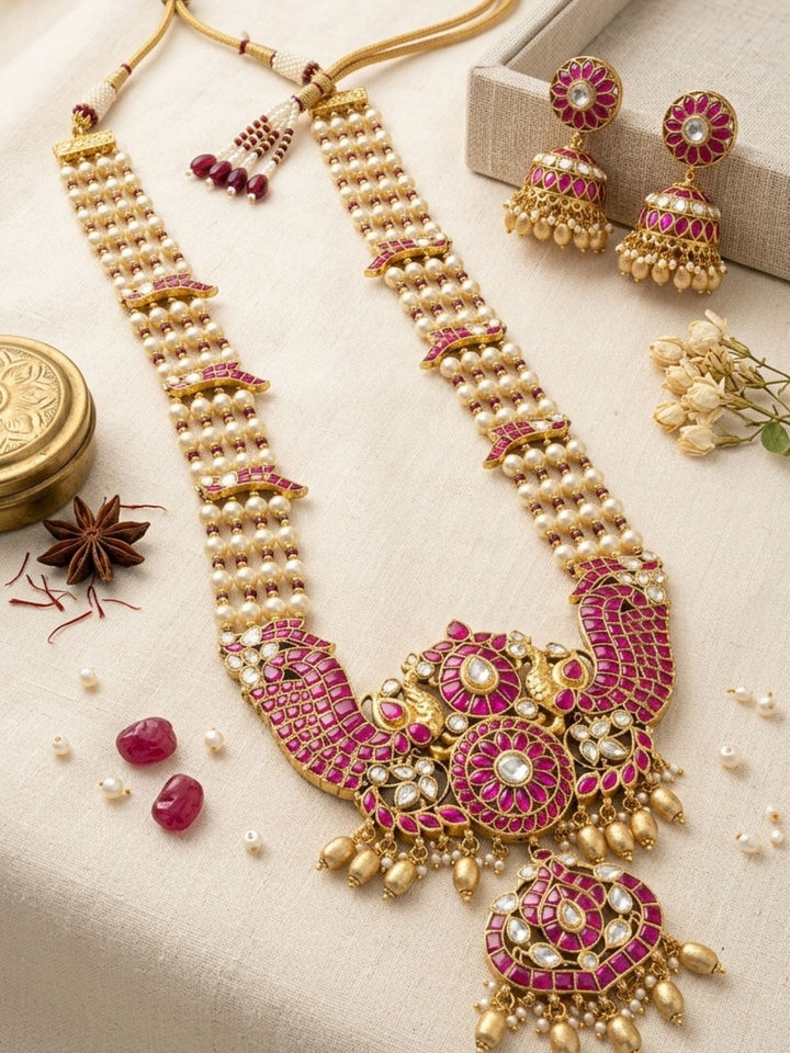 Elegant Pearl & Rani Pink Kundan Long Necklace Set with Statement Pendant | SHOBITAM