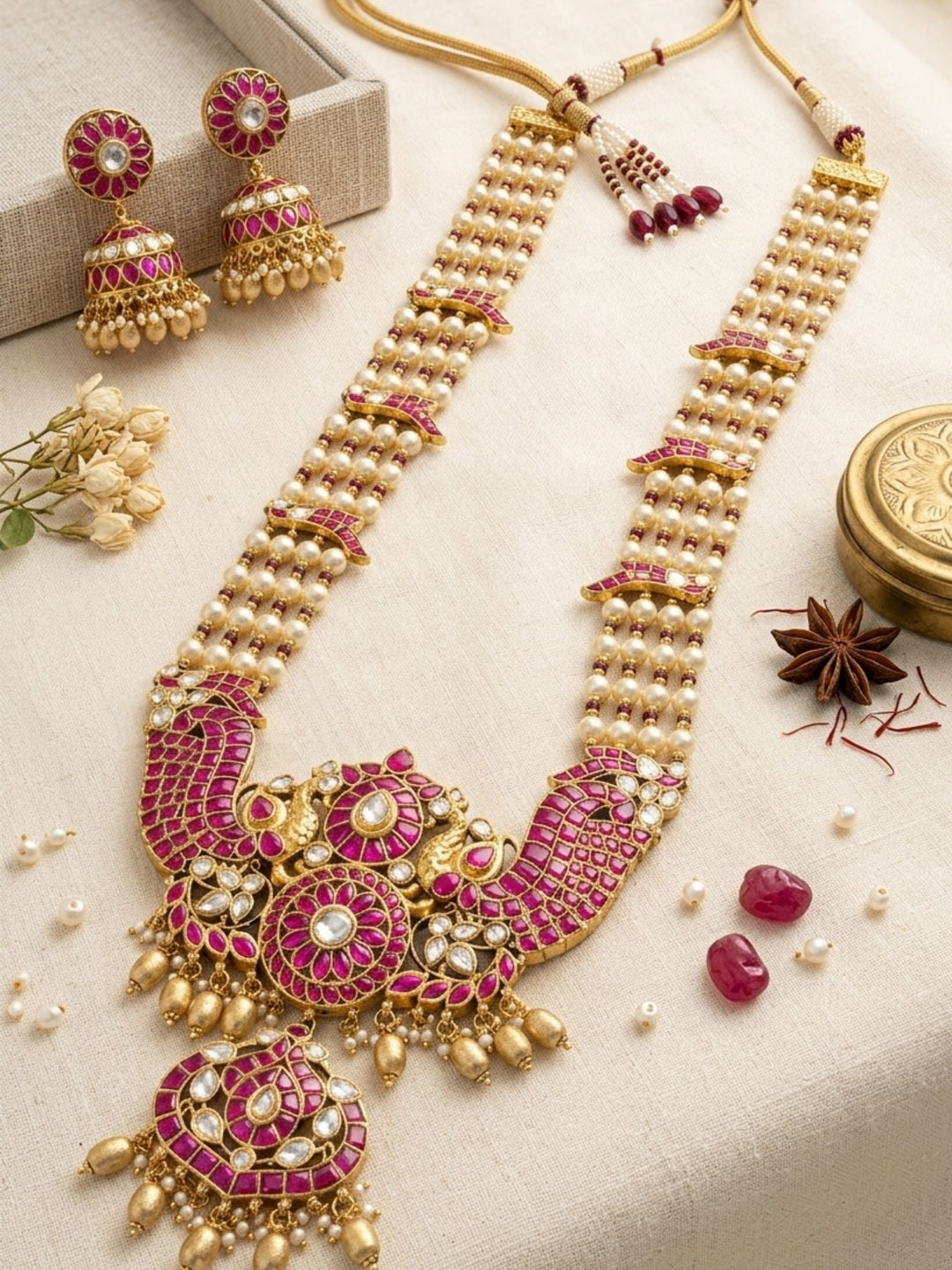 Elegant Pearl & Rani Pink Kundan Long Necklace Set with Statement Pendant | SHOBITAM