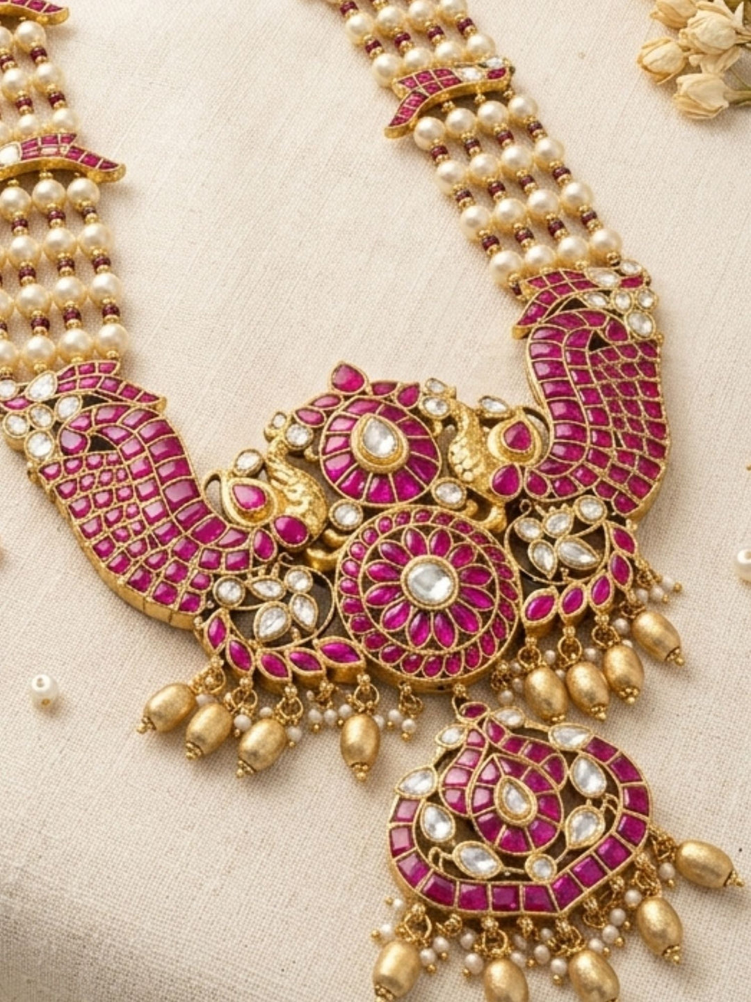 Elegant Pearl & Rani Pink Kundan Long Necklace Set with Statement Pendant | SHOBITAM