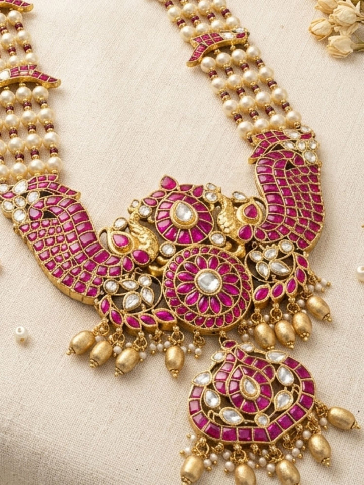 Elegant Pearl & Rani Pink Kundan Long Necklace Set with Statement Pendant | SHOBITAM