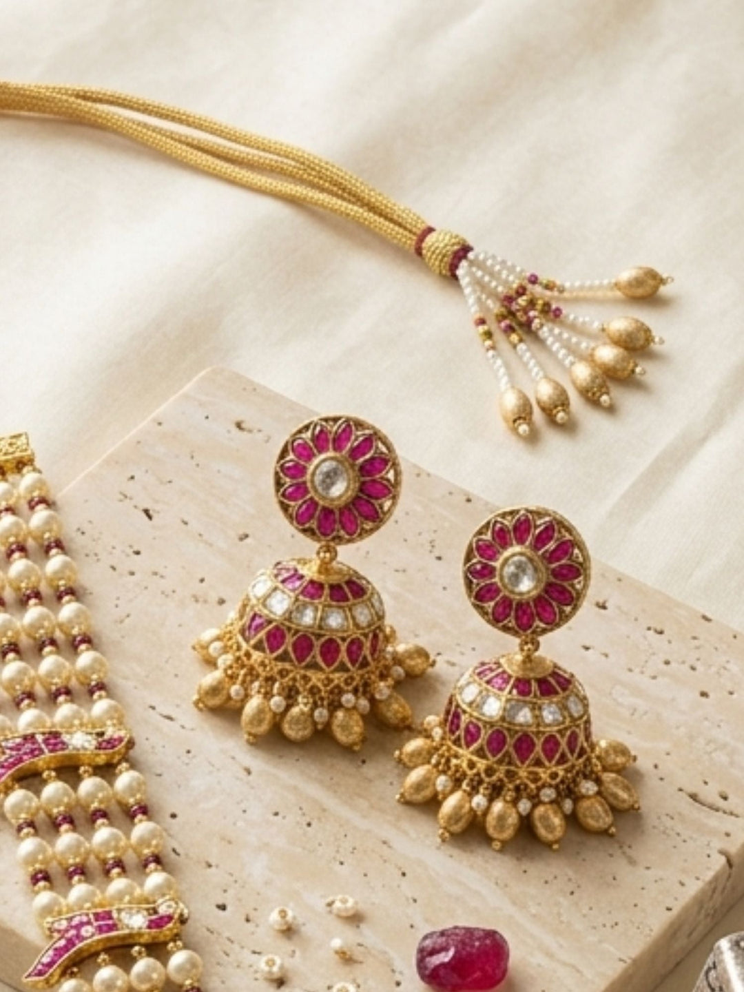 Elegant Pearl & Rani Pink Kundan Long Necklace Set with Statement Pendant | SHOBITAM