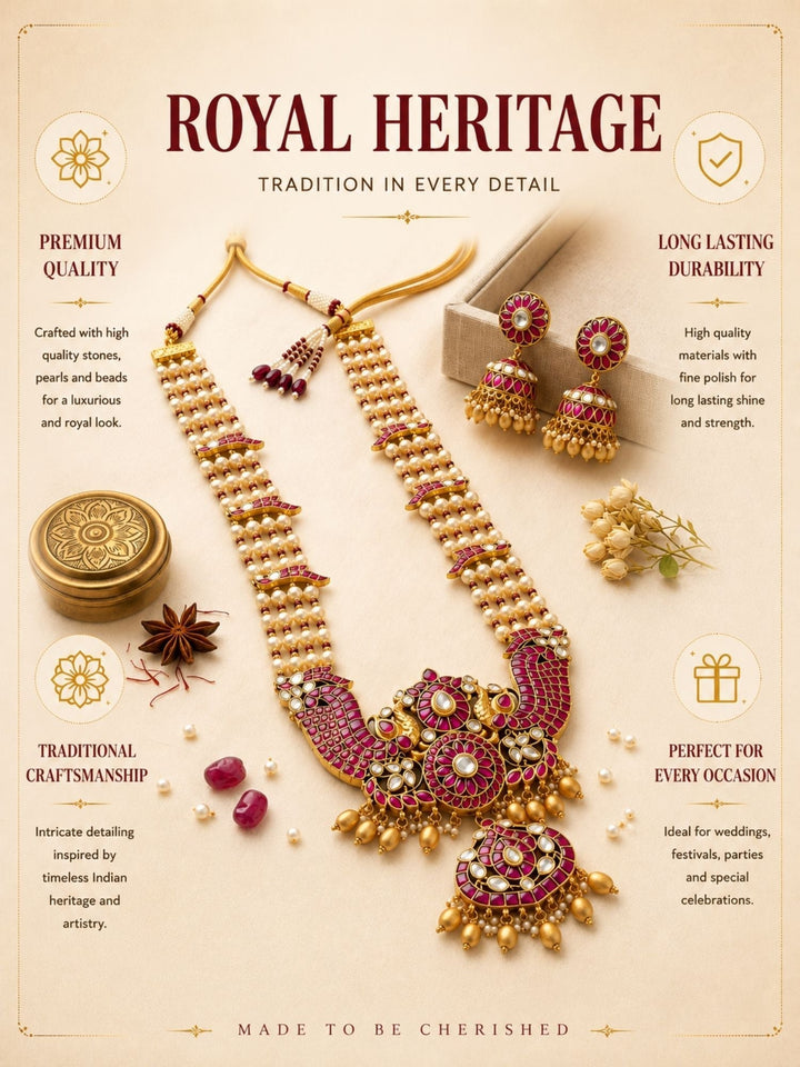 Elegant Pearl & Rani Pink Kundan Long Necklace Set with Statement Pendant | SHOBITAM