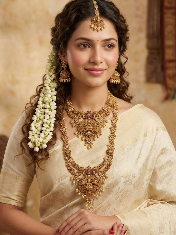Royal Lakshmi Temple Bridal Set with Antique Gold Finish & Pearl Drops | SHOBITAM