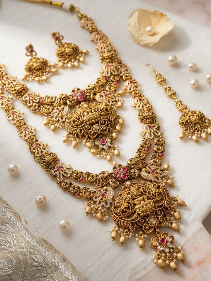Royal Lakshmi Temple Bridal Set with Antique Gold Finish & Pearl Drops | SHOBITAM