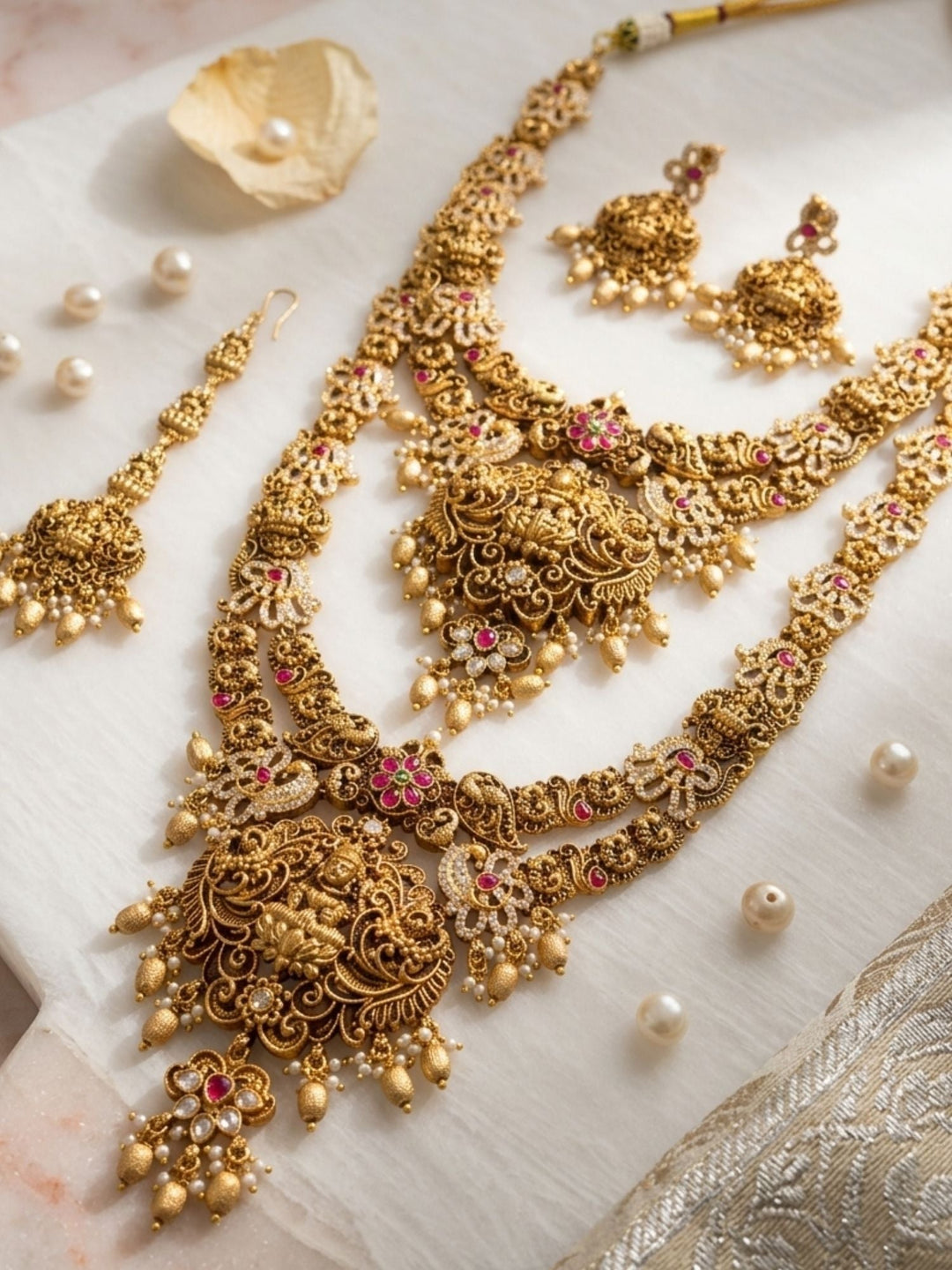 Royal Lakshmi Temple Bridal Set with Antique Gold Finish & Pearl Drops | SHOBITAM