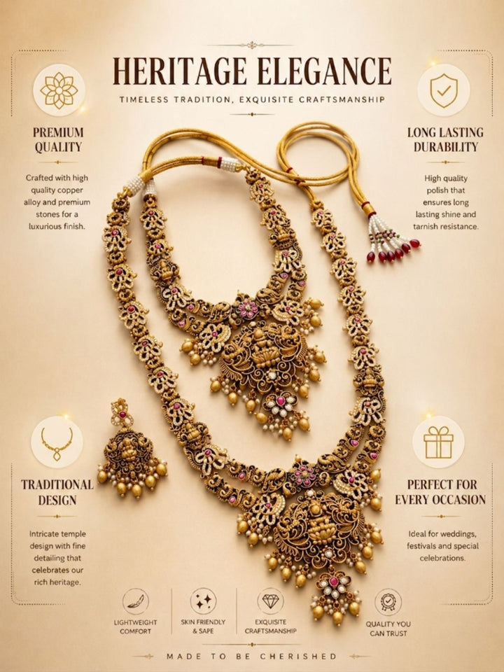 Royal Lakshmi Temple Bridal Set with Antique Gold Finish & Pearl Drops | SHOBITAM