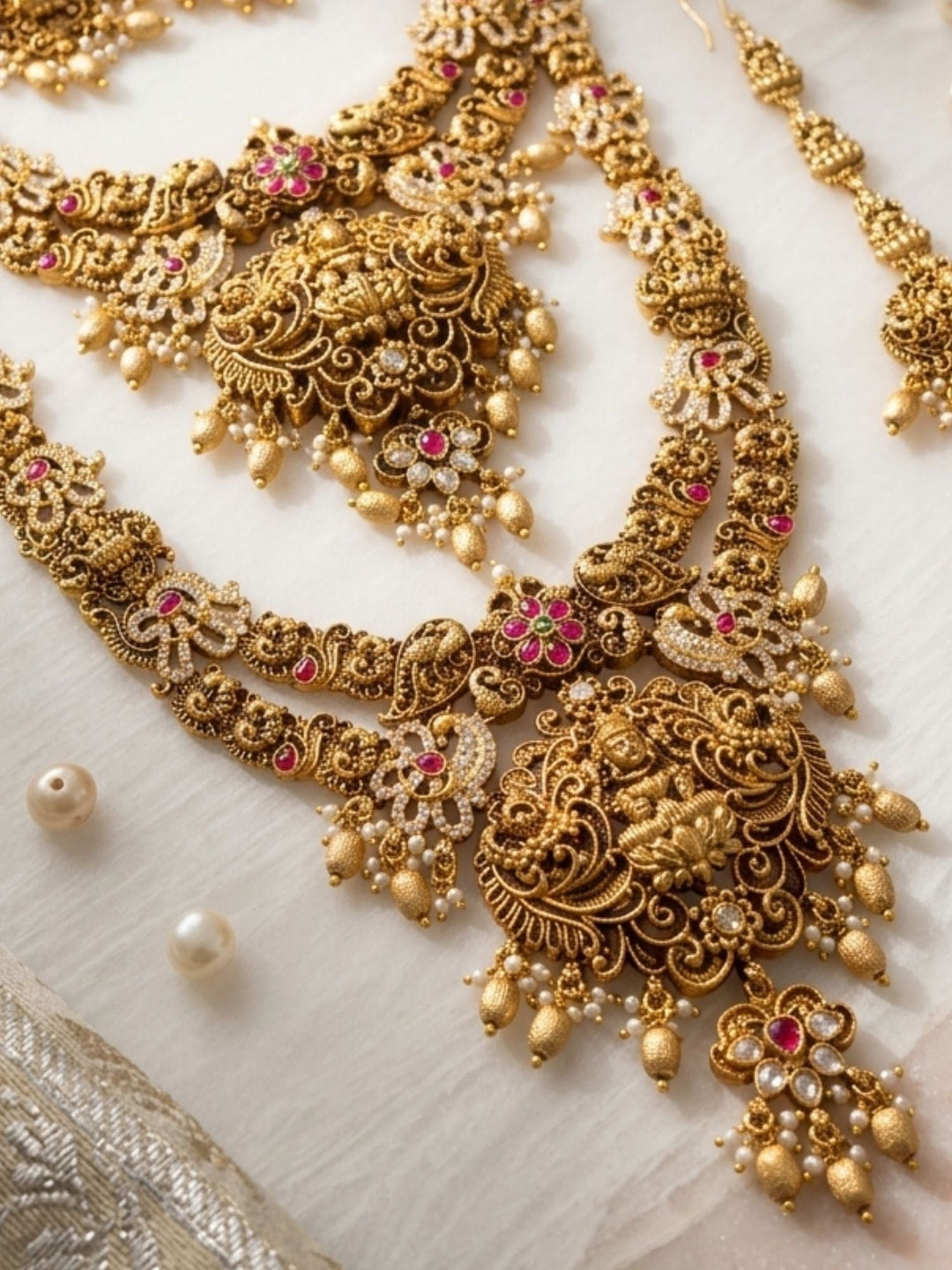 Royal Lakshmi Temple Bridal Set with Antique Gold Finish & Pearl Drops | SHOBITAM