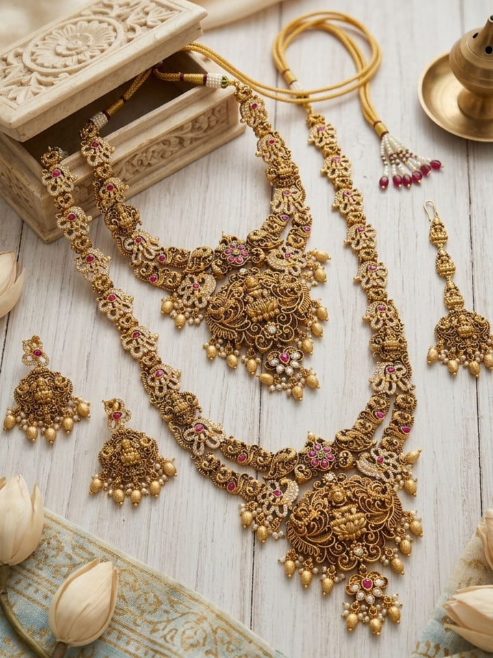 Royal Lakshmi Temple Bridal Set with Antique Gold Finish & Pearl Drops | SHOBITAM