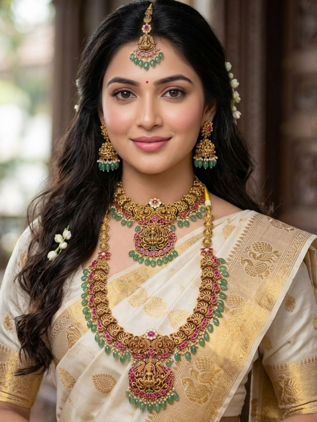 Royal South Indian Temple Jewellery Set with Long Haram, Choker & Maang Tikka | SHOBITAM