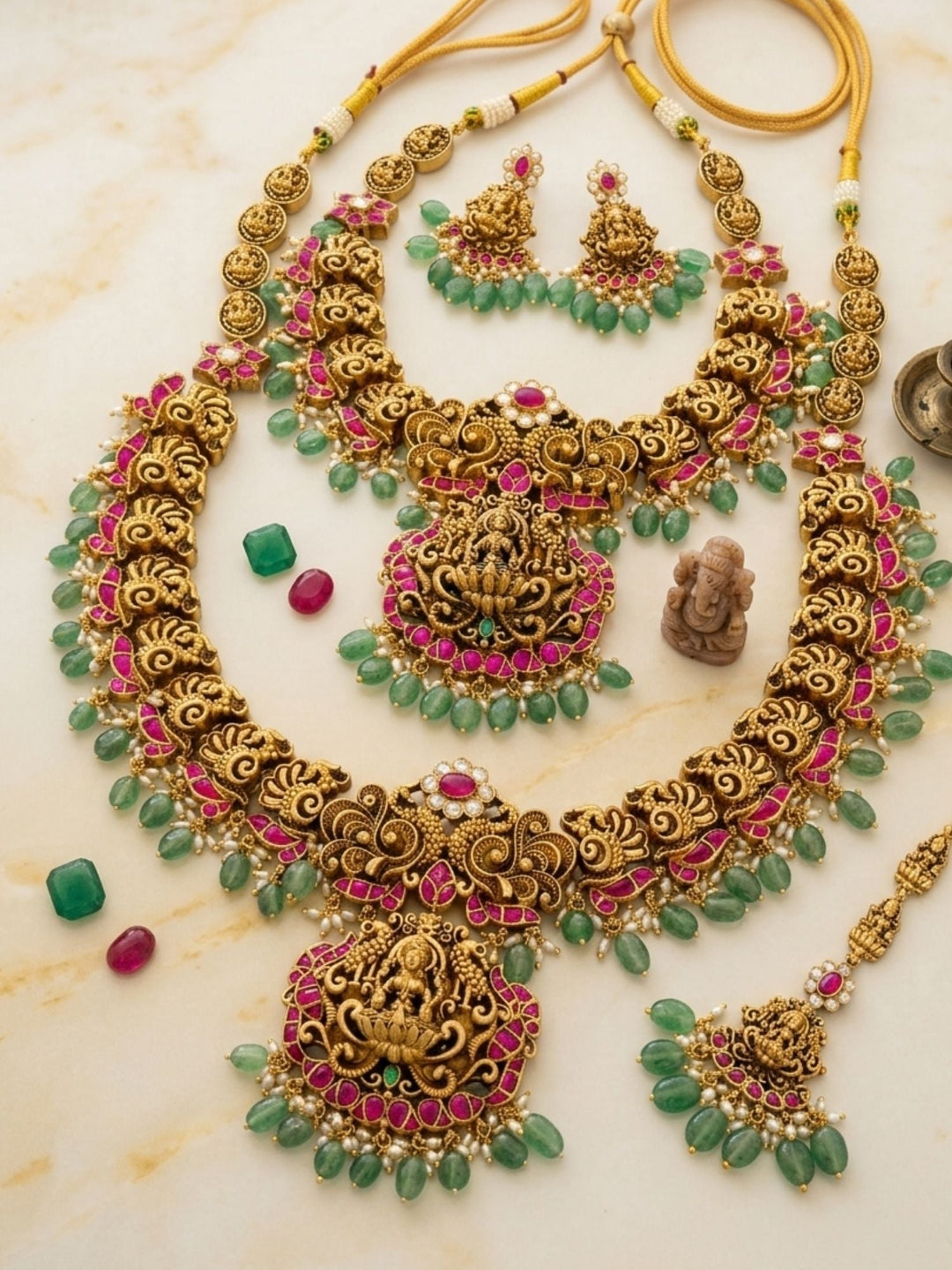 Royal South Indian Temple Jewellery Set with Long Haram, Choker & Maang Tikka | SHOBITAM