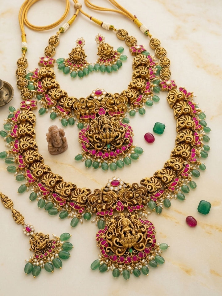 Royal South Indian Temple Jewellery Set with Long Haram, Choker & Maang Tikka | SHOBITAM