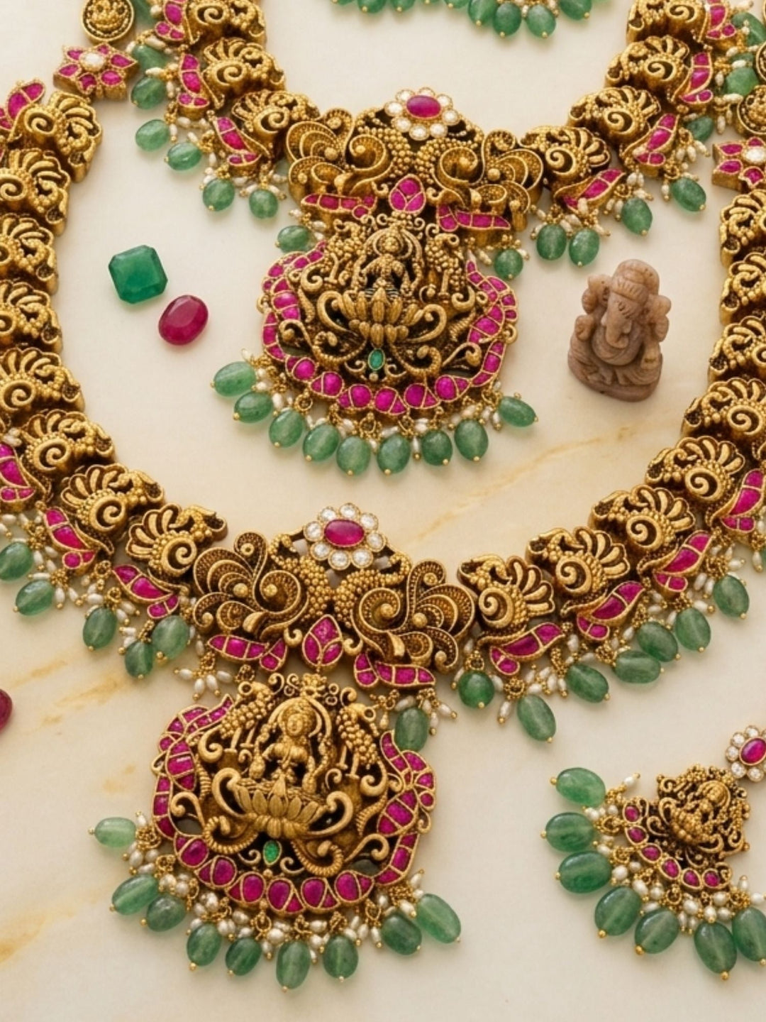 Royal South Indian Temple Jewellery Set with Long Haram, Choker & Maang Tikka | SHOBITAM