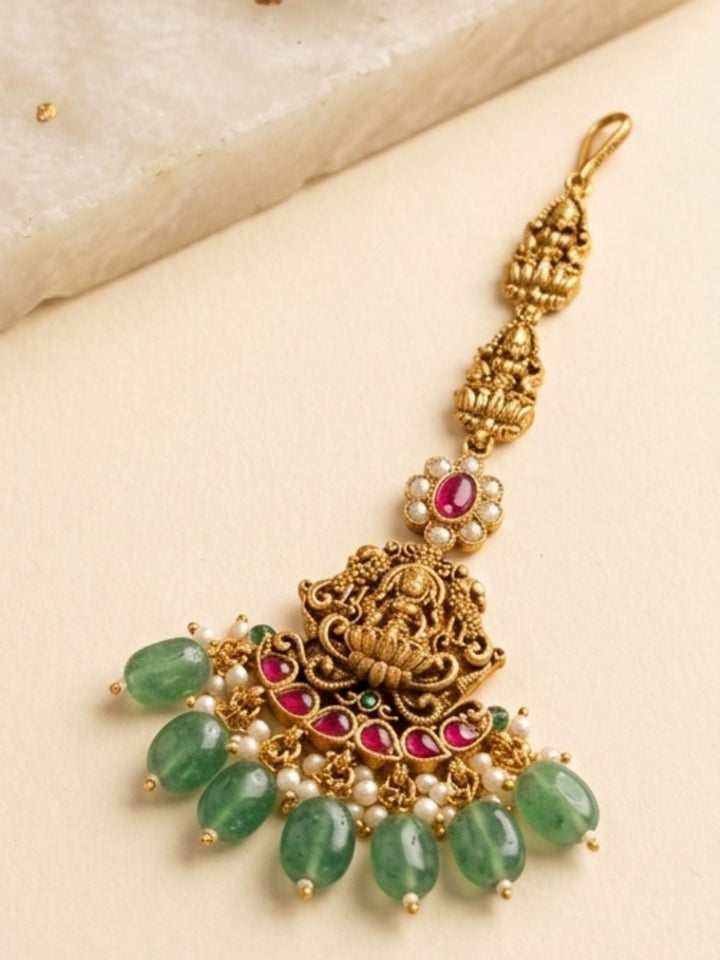 Royal South Indian Temple Jewellery Set with Long Haram, Choker & Maang Tikka | SHOBITAM