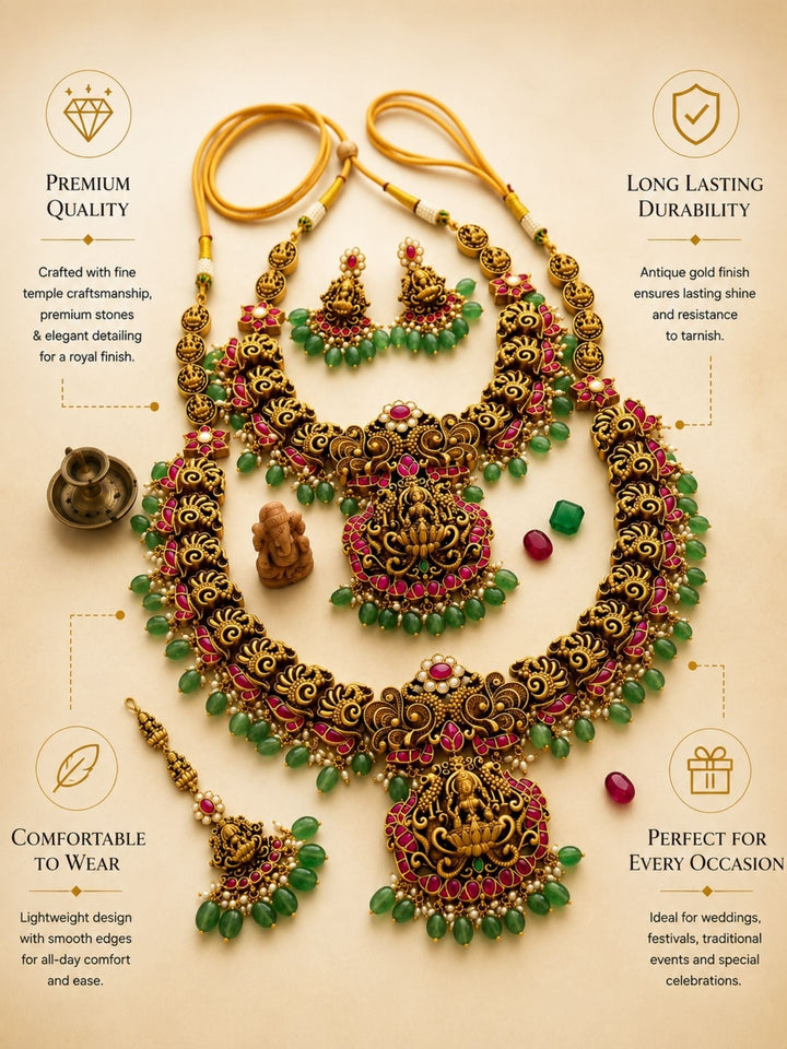 Royal South Indian Temple Jewellery Set with Long Haram, Choker & Maang Tikka | SHOBITAM