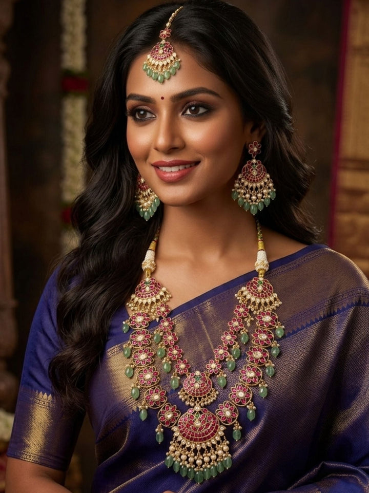 Royal Rani Pink Kundan Bridal Haram Set with Emerald Drops & Maang Tikka | shobitam