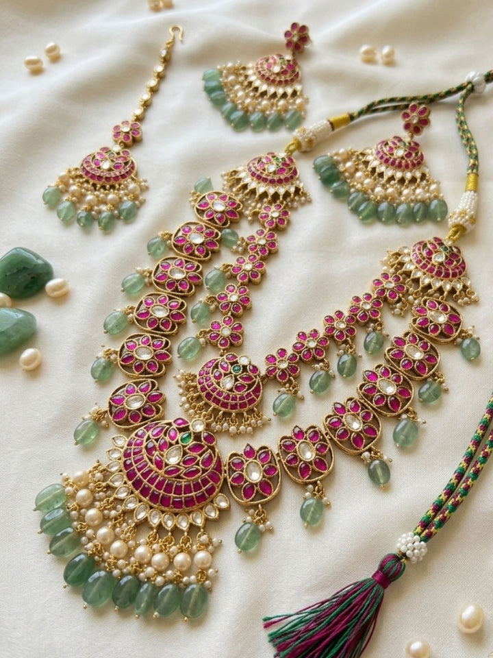 Royal Rani Pink Kundan Bridal Haram Set with Emerald Drops & Maang Tikka | shobitam