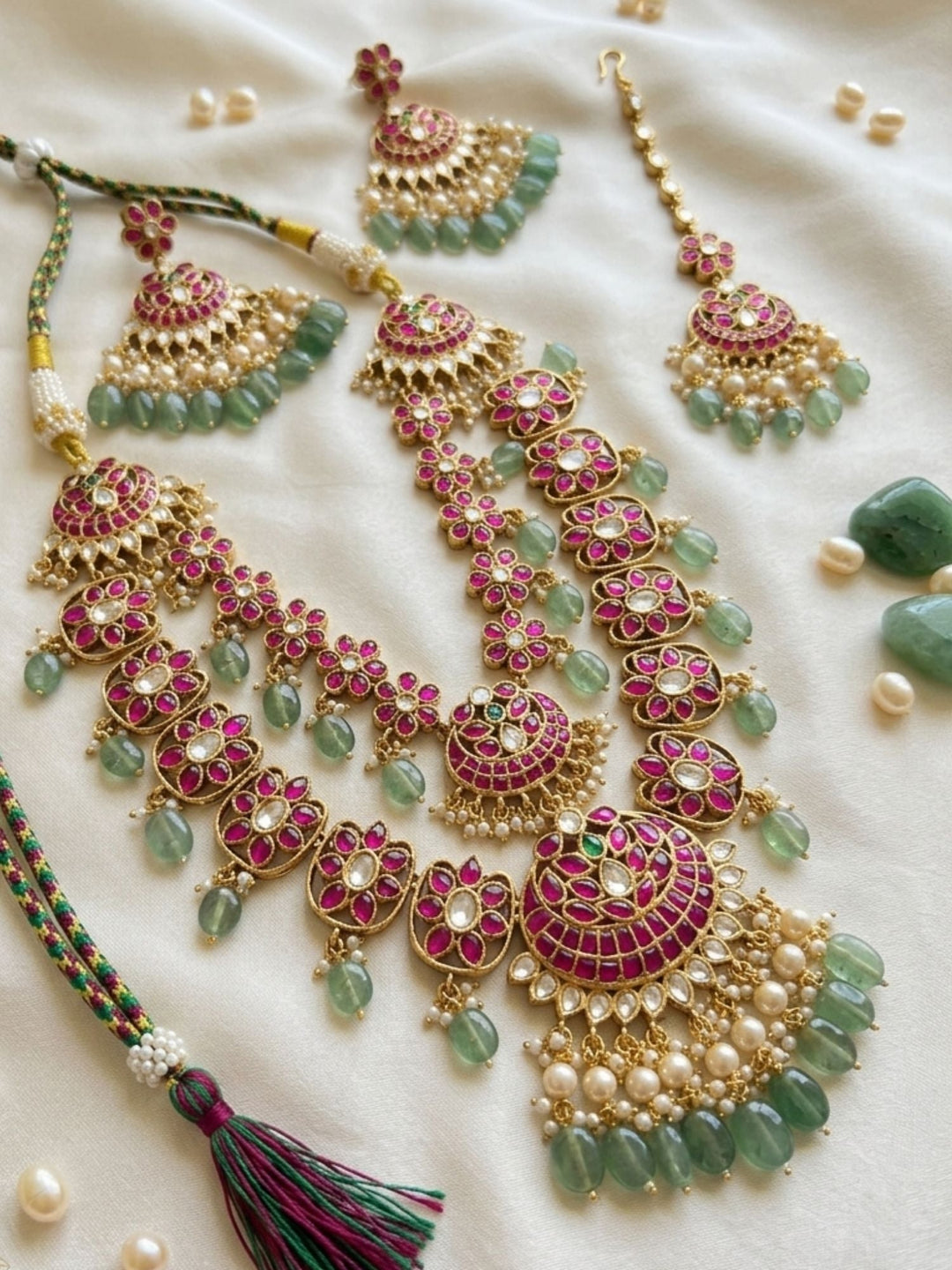 Royal Rani Pink Kundan Bridal Haram Set with Emerald Drops & Maang Tikka | shobitam