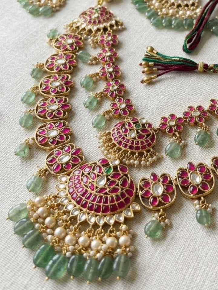 Royal Rani Pink Kundan Bridal Haram Set with Emerald Drops & Maang Tikka | shobitam